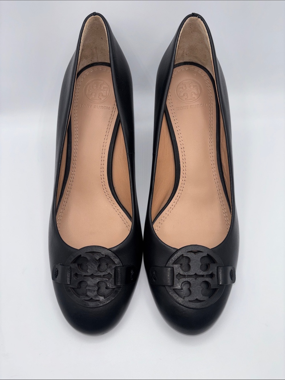 Tory Burch Black Leather Logo Round-Toe Ballet Wedges